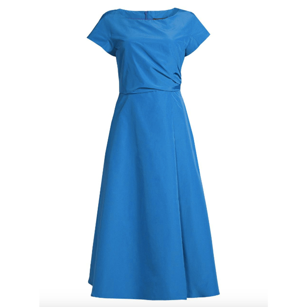 Weekend Max Mara Orata Dress Blue Cotton Taffeta Draped A-Line Midi Size US 10